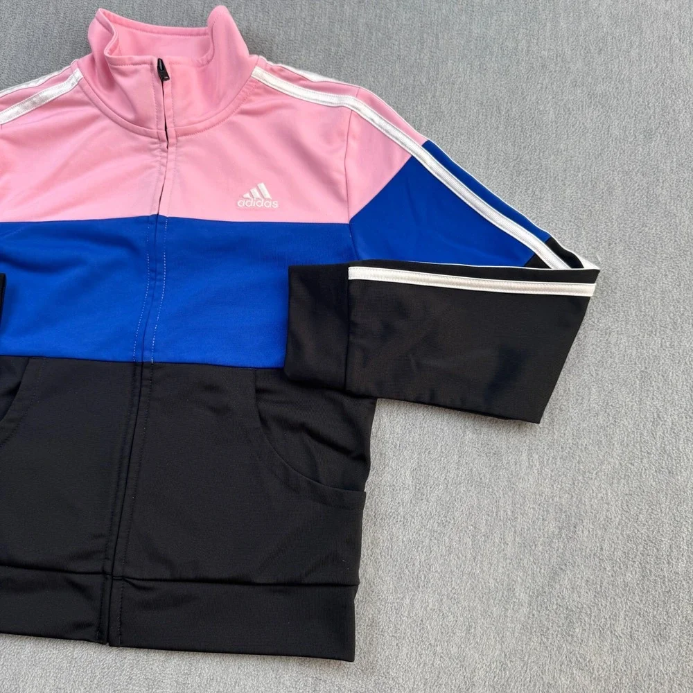 Adidas Track Jacket Girls Size Medium 10/12 Pink Striped Full Zip‎ Activewear